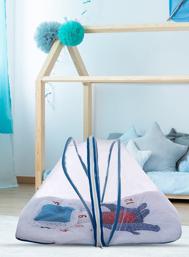 Superminis Baby Bed with Thick Mattress, Mosquito Net with Zip Closure & Neck Pillow, Baby Bedding for New Born, 0M+, Baby Sleeping Bed of 32 inch X 18 inch X 4 inch Size (Blue) - Image 1