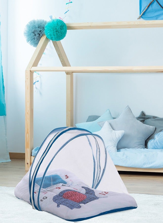 Superminis Baby Bed with Thick Mattress, Mosquito Net with Zip Closure & Neck Pillow, Baby Bedding for New Born, 0M+, Baby Sleeping Bed of 32 inch X 18 inch X 4 inch Size (Blue) - Image 2