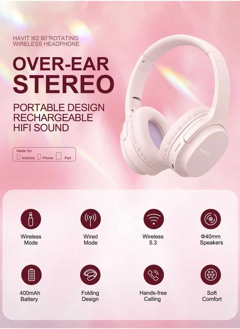 havit Wireless Bluetooth Headphones Over-Ear, Noise-Isolating Headset with Deep Bass, 40mm Drivers, Bluetooth 5.3, SD Card Slot & FM Radio, AUX Input, Foldable Design, Adjustable Headband, Built-in Mic, 17H Long Battery Life, Hands-Free Calls, Comfortable for Music, Gaming, Travel, Sports, Office Use, Compatible with Android & iOS Devices (Pink)  - Image 2