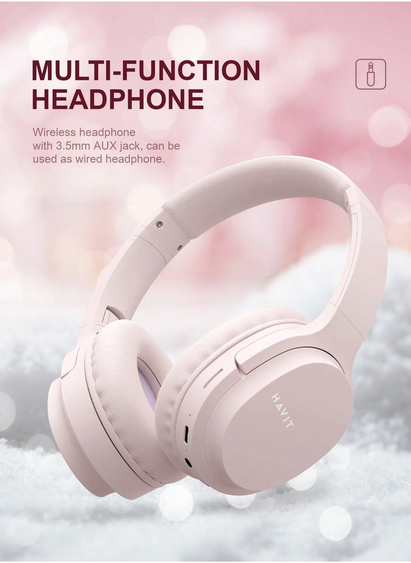 havit Wireless Bluetooth Headphones Over-Ear, Noise-Isolating Headset with Deep Bass, 40mm Drivers, Bluetooth 5.3, SD Card Slot & FM Radio, AUX Input, Foldable Design, Adjustable Headband, Built-in Mic, 17H Long Battery Life, Hands-Free Calls, Comfortable for Music, Gaming, Travel, Sports, Office Use, Compatible with Android & iOS Devices (Pink)  - Image 3