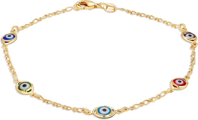 Barzel 18K Gold Plated Multi Color Evil Eye Anklet For Women, 10 Inches - Made in Brazil - Image 1