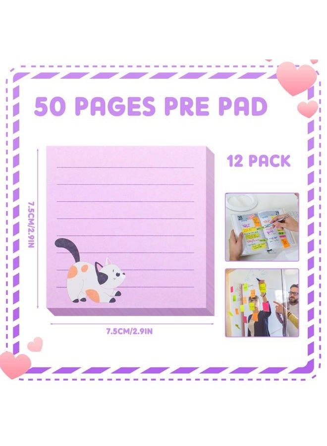 Handepo 12 Pack Cat Sticky Notes Small to Do List Notepad Funny Cute Kitty Cat Theme Memo Pads for Office School, 600 Sheets in Total(Light Colors,Cute Cat) - Image 3