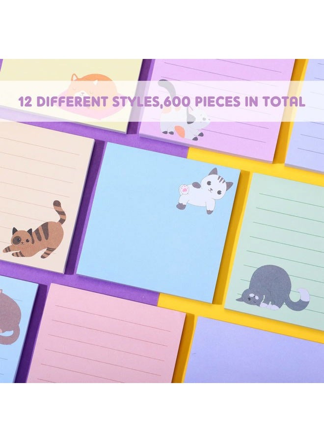 Handepo 12 Pack Cat Sticky Notes Small to Do List Notepad Funny Cute Kitty Cat Theme Memo Pads for Office School, 600 Sheets in Total(Light Colors,Cute Cat) - Image 2