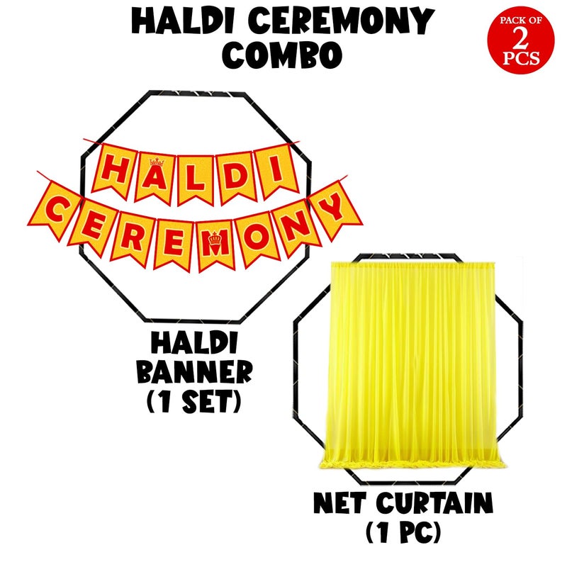 ZYOZIQUE Haldi Ceremony Decoration Kit | Haldi,Wedding,Mehandi Ceremony Decorations Items For Bride - Haldi Ceremony Paper Banner & Yellow Net Curtains (Pack Of 2) - Image 2