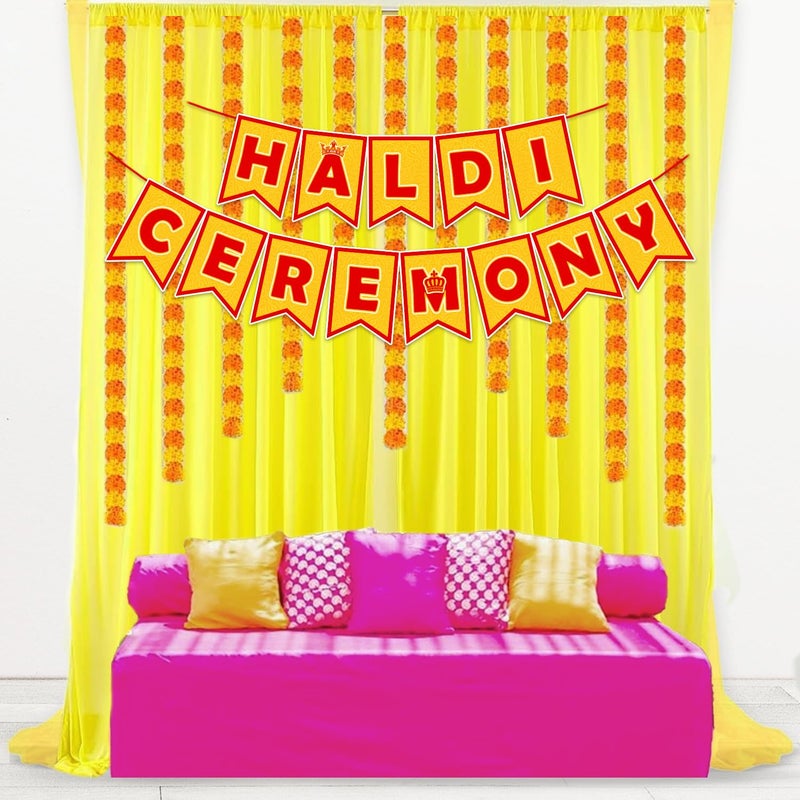 ZYOZIQUE Haldi Ceremony Decoration Kit | Haldi,Wedding,Mehandi Ceremony Decorations Items For Bride - Haldi Ceremony Paper Banner & Yellow Net Curtains (Pack Of 2) - Image 1