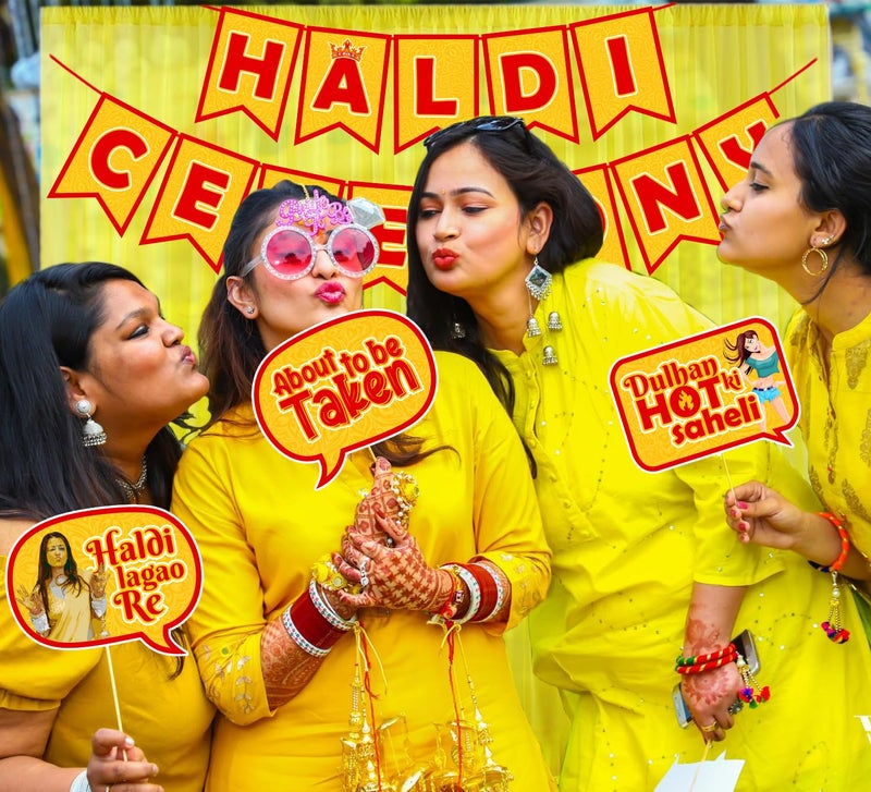 ZYOZIQUE Haldi Ceremony Decoration Kit | Haldi,Wedding,Mehandi Ceremony Decorations Items For Bride - Haldi Ceremony Paper Banner & Yellow Net Curtains (Pack Of 2) - Image 5