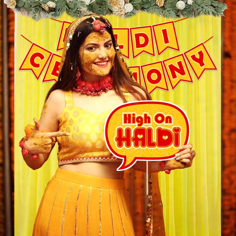 ZYOZIQUE Haldi Ceremony Decoration Kit | Haldi,Wedding,Mehandi Ceremony Decorations Items For Bride - Haldi Ceremony Paper Banner & Yellow Net Curtains (Pack Of 2) - Image 4