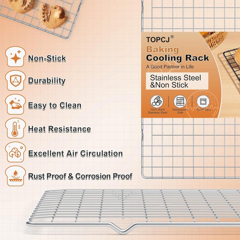 TCJ 2PCS Cooling Rack for Baking, 10”X15” Heavy Duty Wire Rack for Grilling,Baking, Roasting,Cooking,Non-Stick,For Jelly Roll Baking Trays,Multi-Purpose Drainer Rack,Stainless Steel,Silver - Image 5