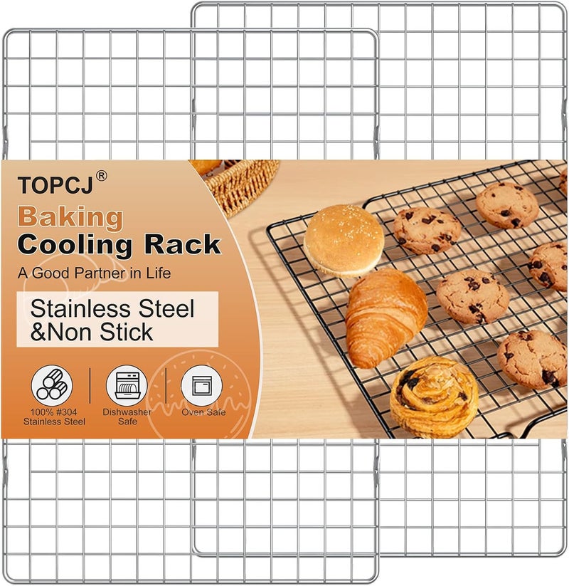 TCJ 2PCS Cooling Rack for Baking, 10”X15” Heavy Duty Wire Rack for Grilling,Baking, Roasting,Cooking,Non-Stick,For Jelly Roll Baking Trays,Multi-Purpose Drainer Rack,Stainless Steel,Silver - Image 1