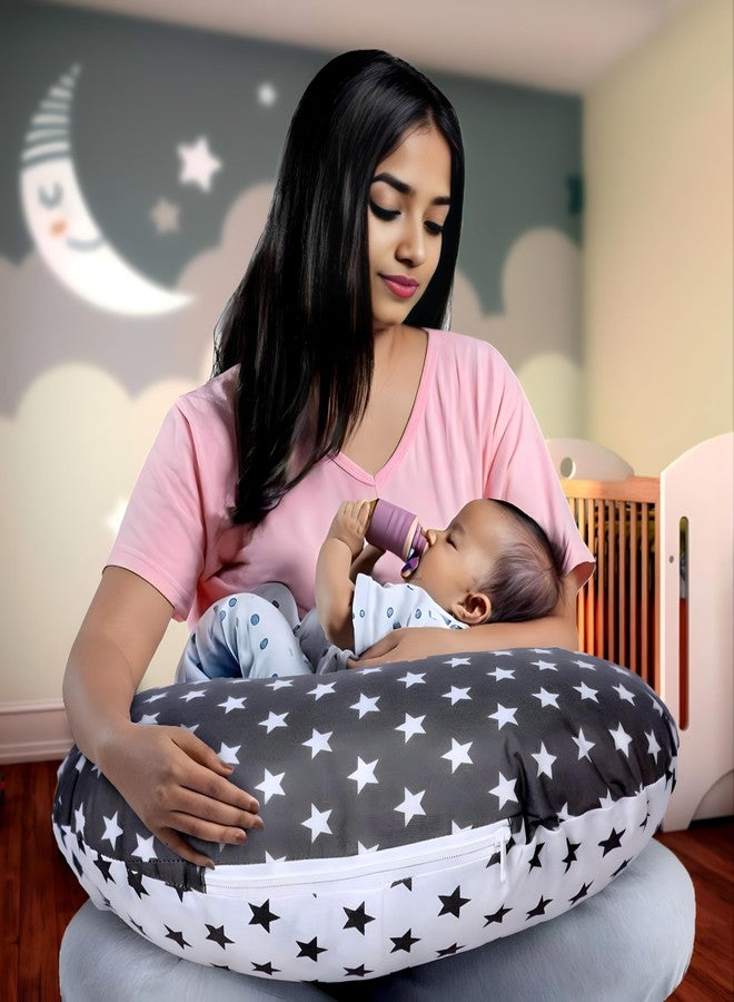 Infans Mini Baby Feeding Pillow Cotton|Maternity Feeding Pillow Portable & Adjustable|Nursing Pillow for Mother and New Born Baby (Star Grey) - Image 1