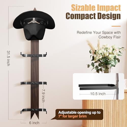 Cinati Cowboy Hat Rack, Cowboy Hat Holder Wall Mount Holds up to 4 Hats, Wooden Western Rustic Metal Cowboy Hat Hanger with Arrow Sign Board, Hat Rack for Cowgirl Hat, Fedora, Sun Hats (2 pack) - Image 5