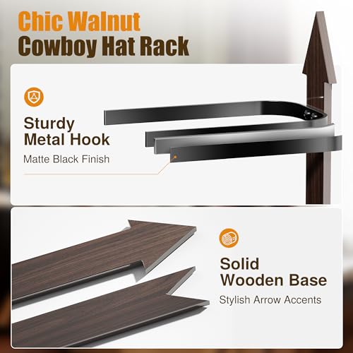 Cinati Cowboy Hat Rack, Cowboy Hat Holder Wall Mount Holds up to 4 Hats, Wooden Western Rustic Metal Cowboy Hat Hanger with Arrow Sign Board, Hat Rack for Cowgirl Hat, Fedora, Sun Hats (2 pack) - Image 3