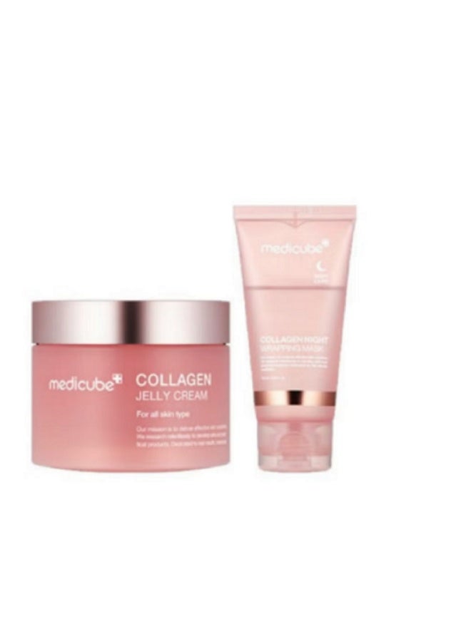 ميديكيوب مجموعه ميدكيوب المتكامله ماسك كولاجين ليلي وكريم جيلي مضاد للشيخوخة حزمة قناع تقشير الوجه من طوال الليل - العناية بالمرونة والترطيب، تقلل من الترهل والبهتان - الكولاجين المتحلل للبشرة المتوهجة - العناية الكورية بالبشرة، 2.53 أونصة سائلة - Image 1