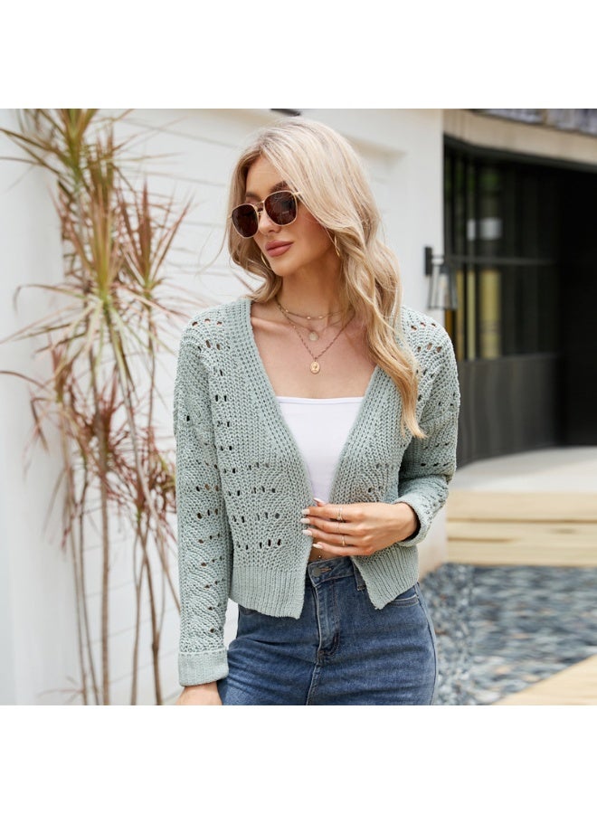 NIBEMINENT Fall and Winter Short Tops Long Sleeve Outer Knitwear Elegant Versatile Hollow Sweater Cardigan - Image 1