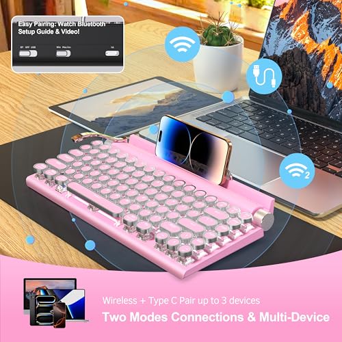 Taiahiro Retro Typewriter Wireless Mechanical Gaming Keyboard, Bluetooth 5.0 Office Computer Vintage Keyboards 83-Key Blue Switches Punk Round Keycap, LED Backlight, Compatible with PC/Laptop/Pad/Phone, Pink - Image 4