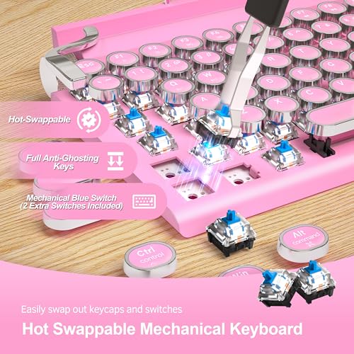 Taiahiro Retro Typewriter Wireless Mechanical Gaming Keyboard, Bluetooth 5.0 Office Computer Vintage Keyboards 83-Key Blue Switches Punk Round Keycap, LED Backlight, Compatible with PC/Laptop/Pad/Phone, Pink - Image 3