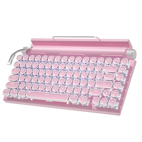 Taiahiro Retro Typewriter Wireless Mechanical Gaming Keyboard, Bluetooth 5.0 Office Computer Vintage Keyboards 83-Key Blue Switches Punk Round Keycap, LED Backlight, Compatible with PC/Laptop/Pad/Phone, Pink - Image 1