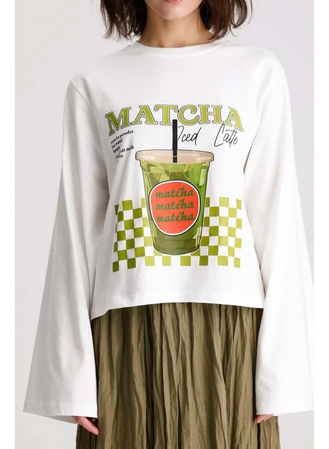 mina aise Women's Beige Wide Sleeve Oversized Printed T-Shirt 31101.