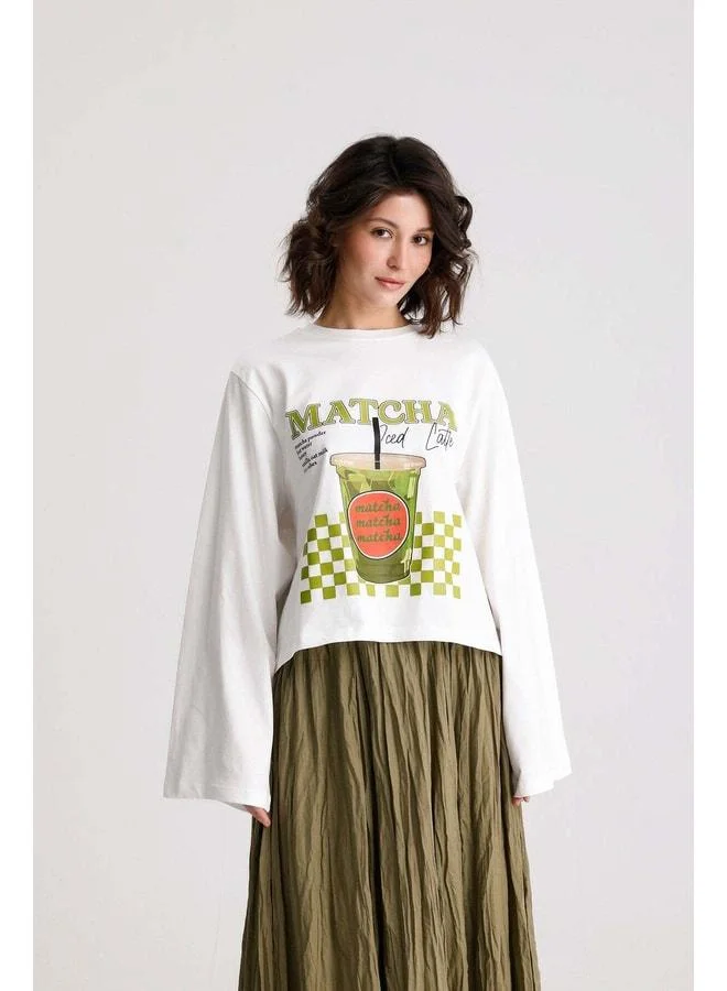 mina aise Women's Beige Wide Sleeve Oversized Printed T-Shirt 31101.