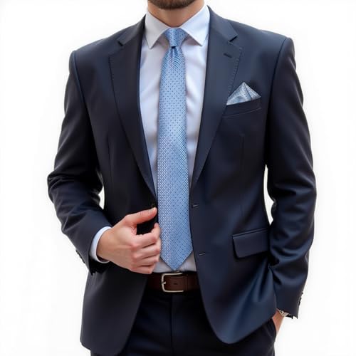 DiBanGu Mens Tie Set Silk Solid Paisley Necktie and Pocket Square Cufflinks Classic Formal Ties for Men Wedding Party, Light Sky Blue - Image 2