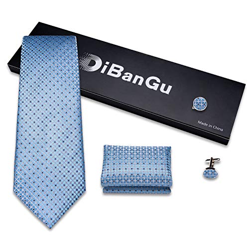DiBanGu Mens Tie Set Silk Solid Paisley Necktie and Pocket Square Cufflinks Classic Formal Ties for Men Wedding Party, Light Sky Blue - Image 4