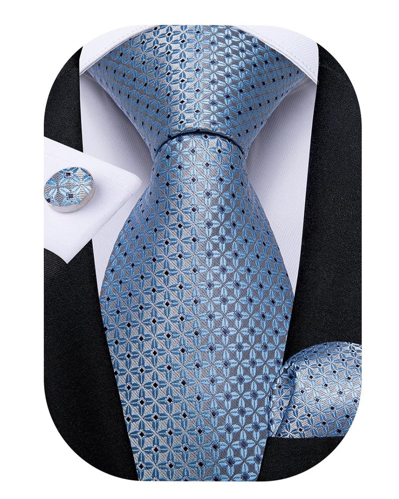DiBanGu Mens Tie Set Silk Solid Paisley Necktie and Pocket Square Cufflinks Classic Formal Ties for Men Wedding Party, Light Sky Blue - Image 3