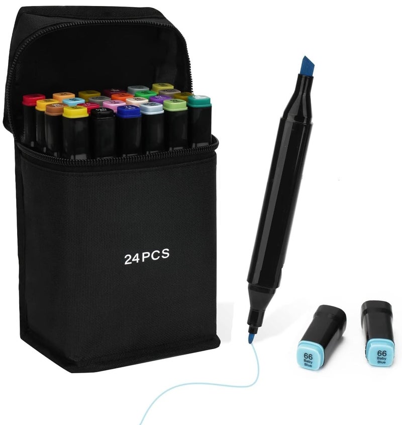 Corslet أقلام ماركر كوسرت 24 لون كحولية للرسم، أقلام ماركر مزدوجة الطرف عريضة ورفيعة مع حقيبة حمل، مجموعة أقلام رسم، مجموعة ألوان للأطفال والبالغين والمبتدئين، تلوين ورسم خط عربي متنوع - Image 1