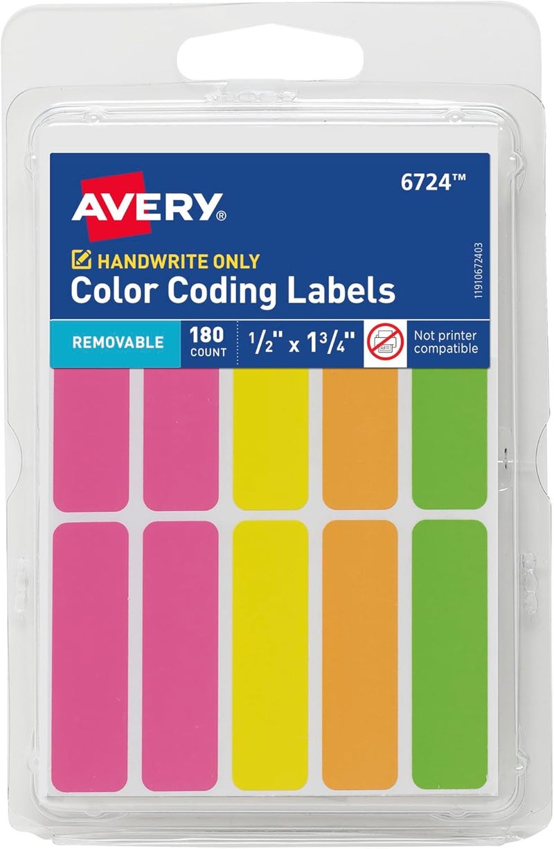 AVERY Color-Coding Removable Labels, 1/2" x 1-3/4", Assorted Neon Colors, Non-Printable, 180 Blank Labels Total (6724) - Image 1