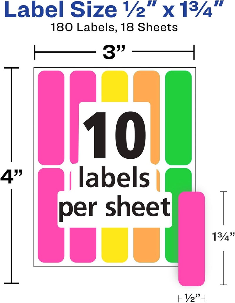AVERY Color-Coding Removable Labels, 1/2" x 1-3/4", Assorted Neon Colors, Non-Printable, 180 Blank Labels Total (6724) - Image 4