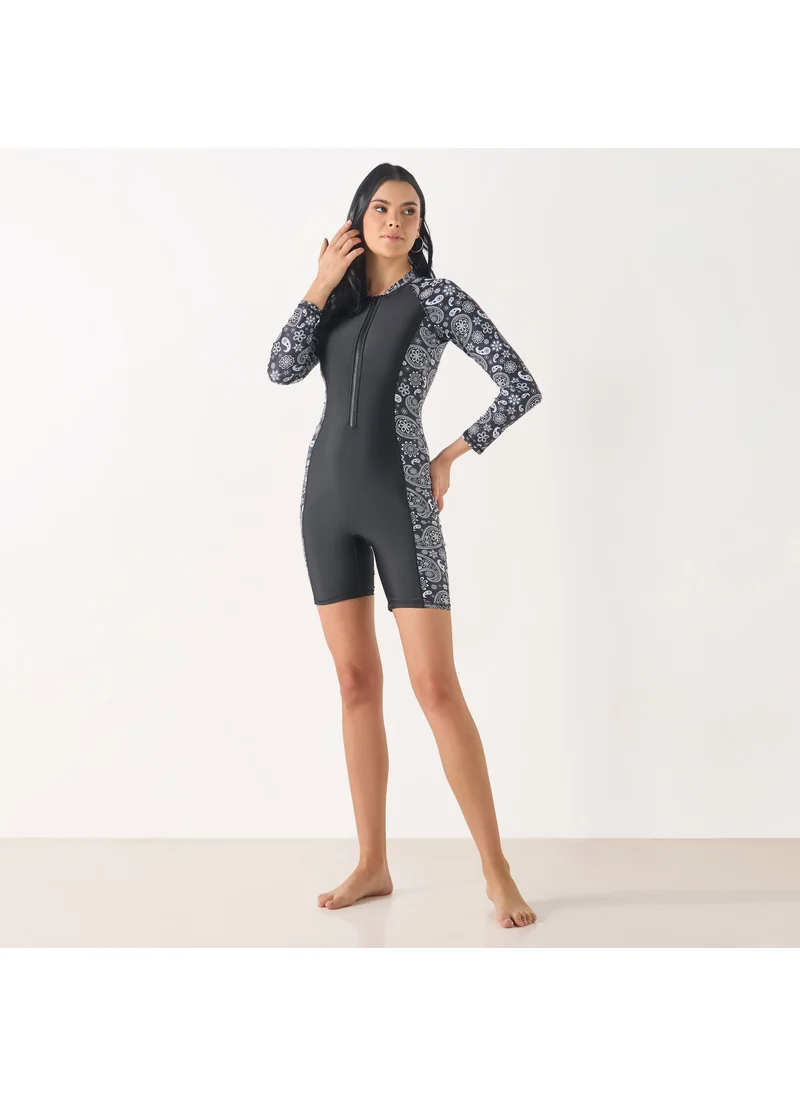 سبلاش فيڤ Tropical Print Swimsuit with Raglan Sleeves and Zip Closure
