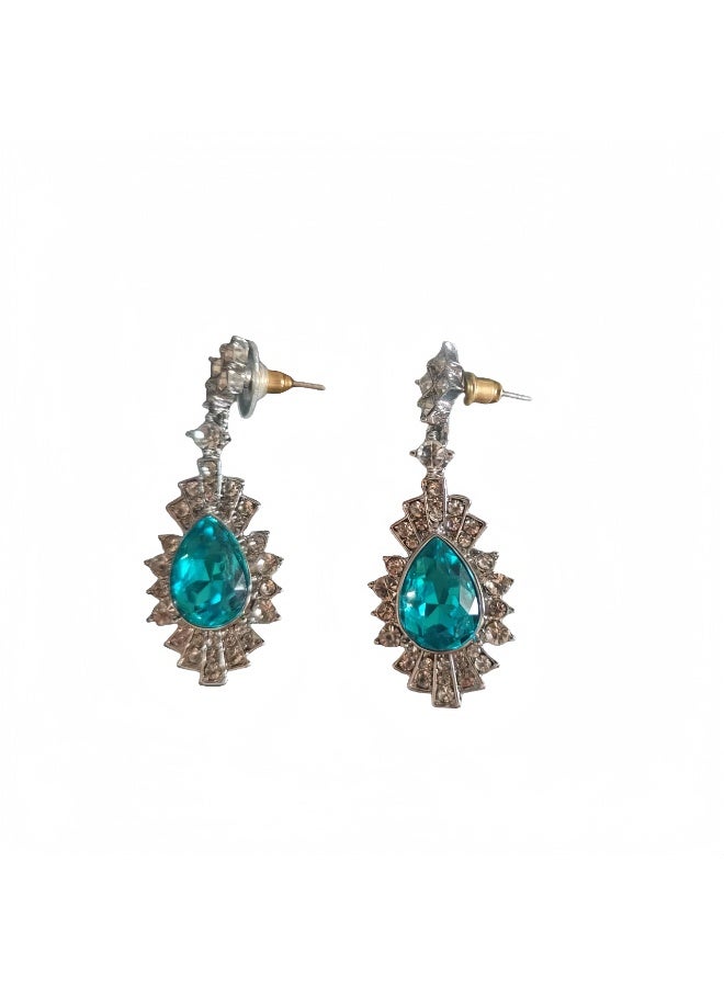 LumiArk Vintage - Style Drop Earrings with Teal Gem and Rhinestone Accents - Image 1