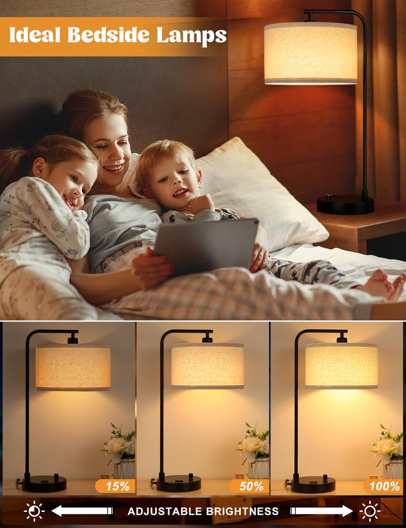 Innqoo Tall Table Lamp with USB Port and Outlet, Dimmable Nightstand Bedside Lamps with Linen Lampshade, Desk Lamp for Bedroom, Living Room, Guest Room, Home Office, LED Bulb Included - Image 3