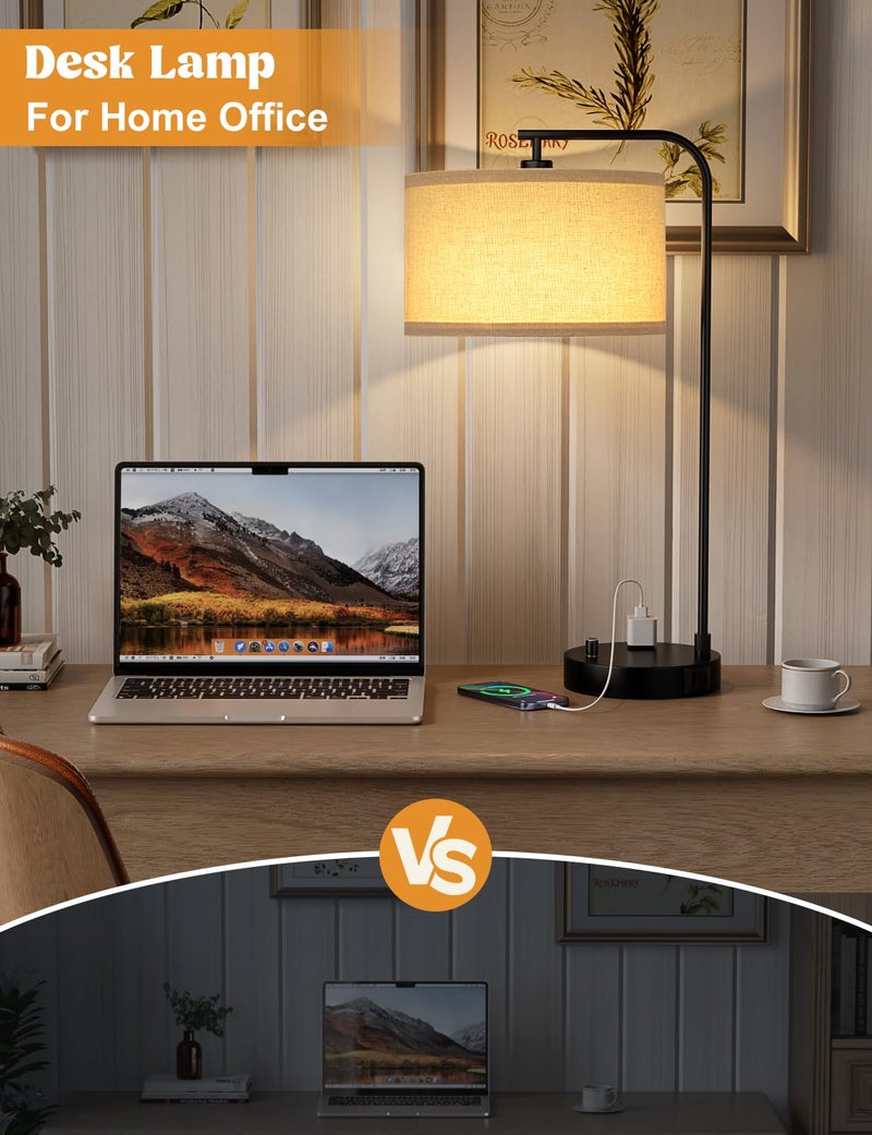 Innqoo Tall Table Lamp with USB Port and Outlet, Dimmable Nightstand Bedside Lamps with Linen Lampshade, Desk Lamp for Bedroom, Living Room, Guest Room, Home Office, LED Bulb Included - Image 4