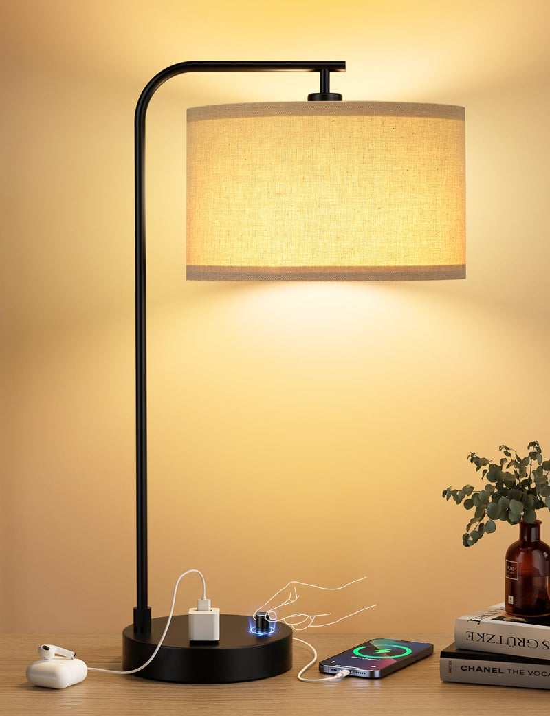 Innqoo Tall Table Lamp with USB Port and Outlet, Dimmable Nightstand Bedside Lamps with Linen Lampshade, Desk Lamp for Bedroom, Living Room, Guest Room, Home Office, LED Bulb Included - Image 1