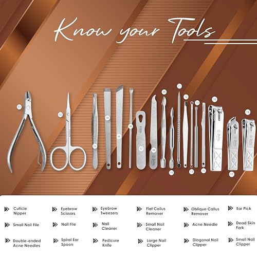 Beauté Secrets Essentials 18 Pieces Manicure Kit, Pedicure Tools for Feet, Nail Clipper, Ear Pick Tweezers, Manicure Pedicure Set for Women and Men Brown - Image 2