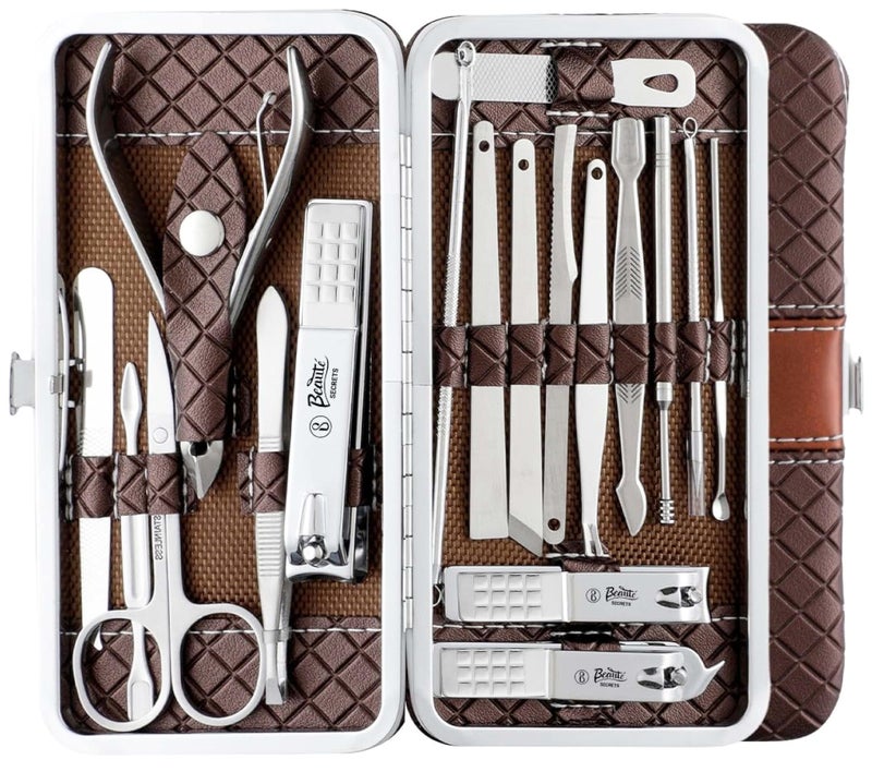 Beauté Secrets Essentials 18 Pieces Manicure Kit, Pedicure Tools for Feet, Nail Clipper, Ear Pick Tweezers, Manicure Pedicure Set for Women and Men Brown - Image 1