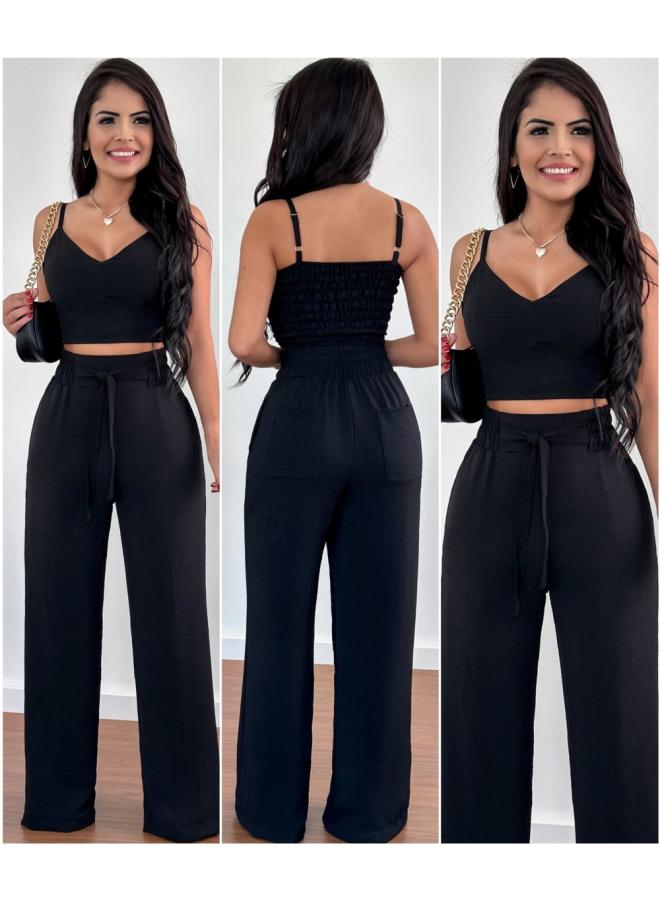 European And American Women's Summer New V-neck Short Vest Tether High Waist Patch Bag Straight Pants Casual Suit
