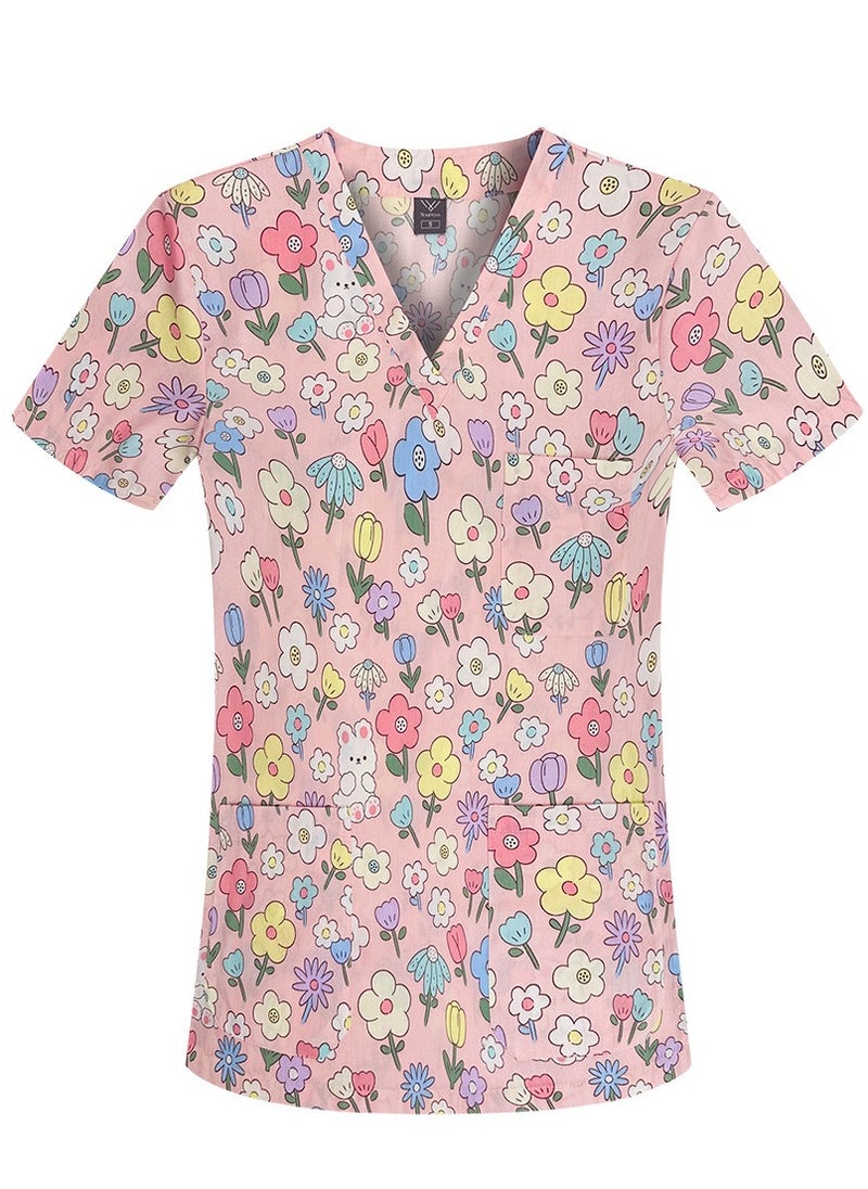 Loquat Unisex Printed V-Neck Medical Uniform Scrubs Top for Women/Men Workwear 
