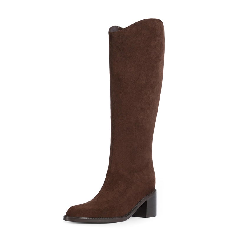 Modatope Brown Suede Knee High Boots for Women Pointed Toe Chunky Heel Tall Boots Side Zipper Long Boot Size 8.5 - Image 1