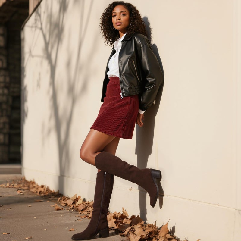Modatope Brown Suede Knee High Boots for Women Pointed Toe Chunky Heel Tall Boots Side Zipper Long Boot Size 8.5 - Image 3