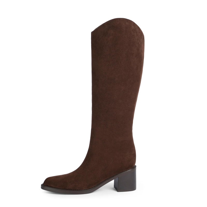 Modatope Brown Suede Knee High Boots for Women Pointed Toe Chunky Heel Tall Boots Side Zipper Long Boot Size 8.5 - Image 4