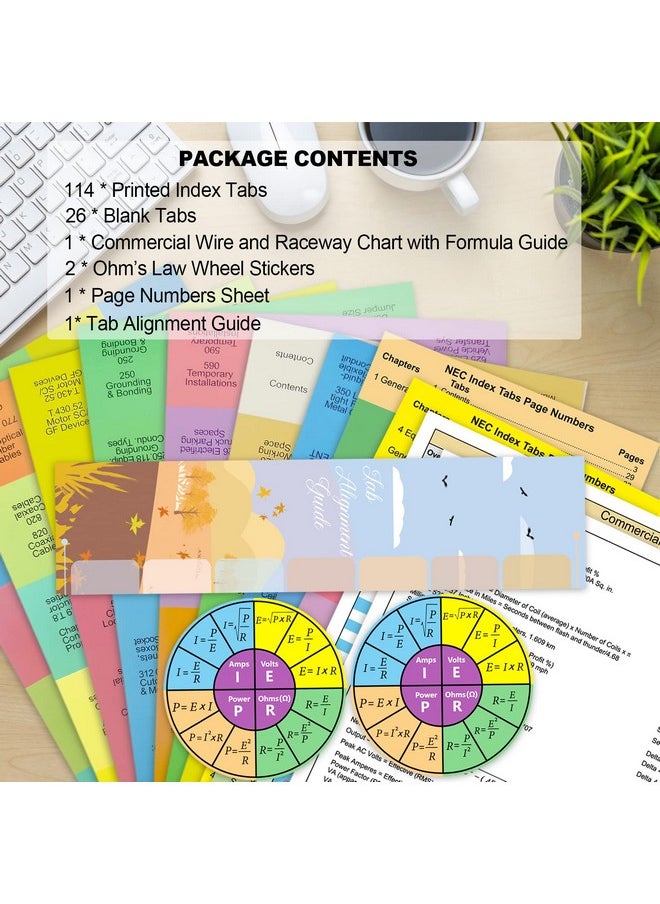 Bcabo - 2020 Nec Tabs (Book Not Included) National Electrical Code Book Tabs For Nfpa 70 Exam Test 140 Pcs Tabs With Wire Chart & 2 Ohm'S Law Stickers - Image 1