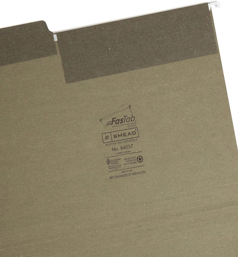 Smead Smead 100 Recycled FasTab Hanging File Folder 13Cut Builtin Tab Letter Size Standard Green 20 per Box 64037 - Image 3