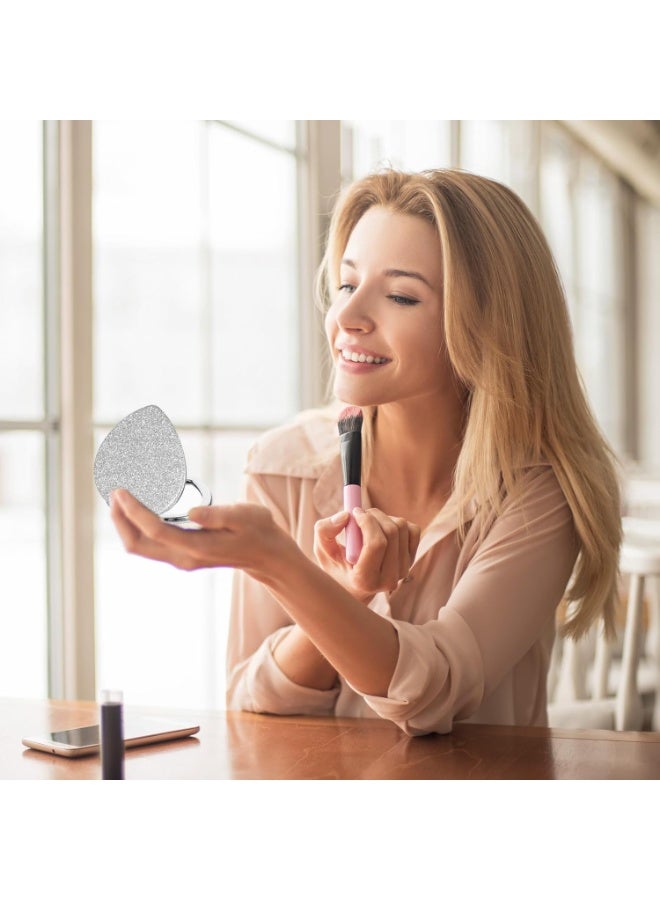 Compact Folding Mirror Heart Shaped Magnifying Mini Vanity Mirror Portable Travel Makeup Tools for Purse Double-Sided Cute Glitter Cosmetic ccessories (Silver-Silver) - Image 3