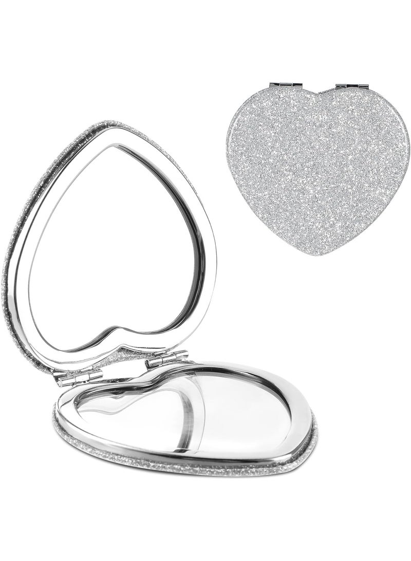 Compact Folding Mirror Heart Shaped Magnifying Mini Vanity Mirror Portable Travel Makeup Tools for Purse Double-Sided Cute Glitter Cosmetic ccessories (Silver-Silver) - Image 1