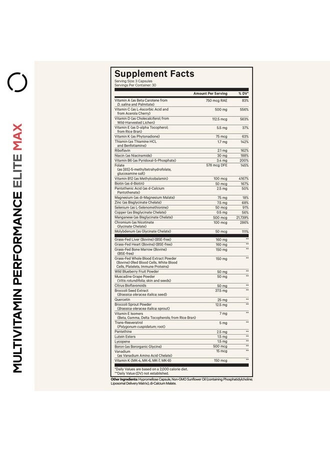 Codeage Codeage Multivitamin Performance Elite Max Supplement - Vitamins A, B6, B12, C, D, E, Vitamin K (MK-4, MK-6, MK-7, MK-9), Essential Minerals, Botanical & Grass-Fed Organ Extracts, Lutein - 90 Capsules  - Image 2