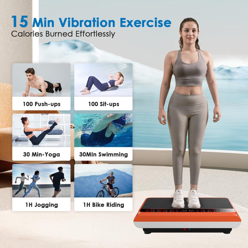 Natini Vibration Plate Exercise Machine - Whole Body Vibration Platform Machine with Pilates Bar Resistance Bands for Home Fitness Training Equipment & Weight Loss (Orange) - Image 4