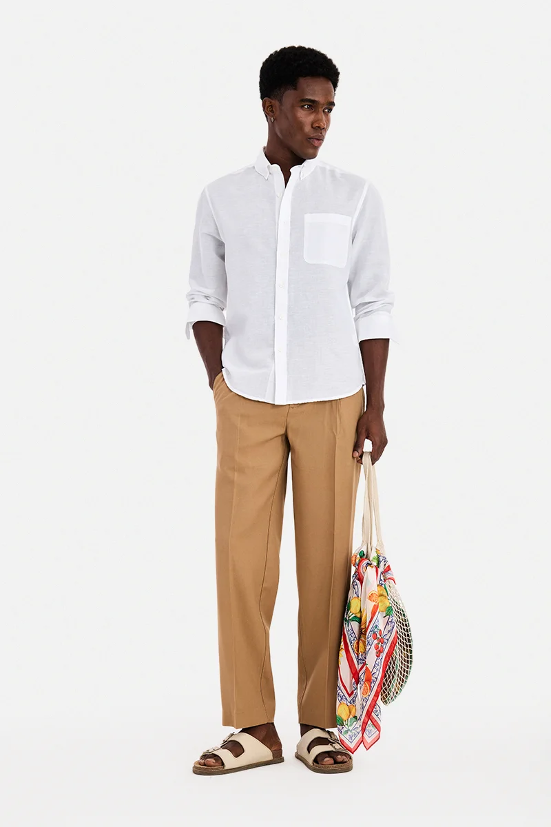 سنيتش White Solid Long Sleeve Regular Fit Casual Shirt