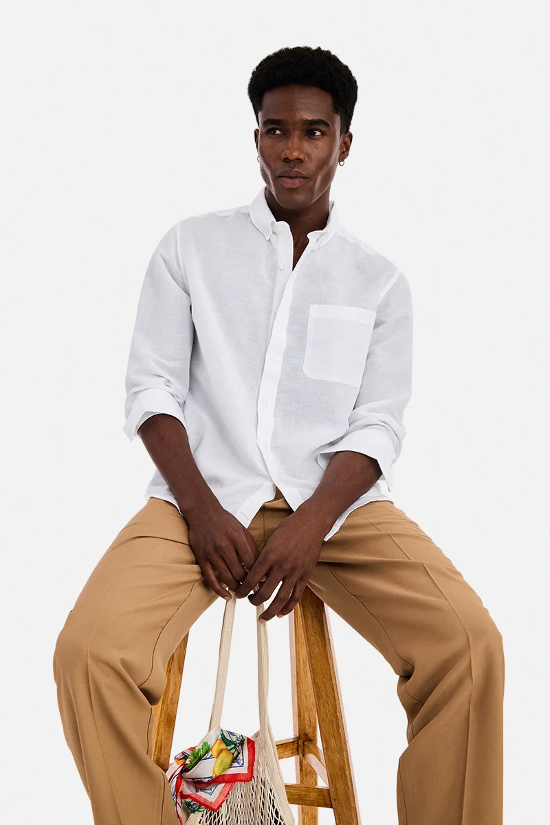 سنيتش White Solid Long Sleeve Regular Fit Casual Shirt