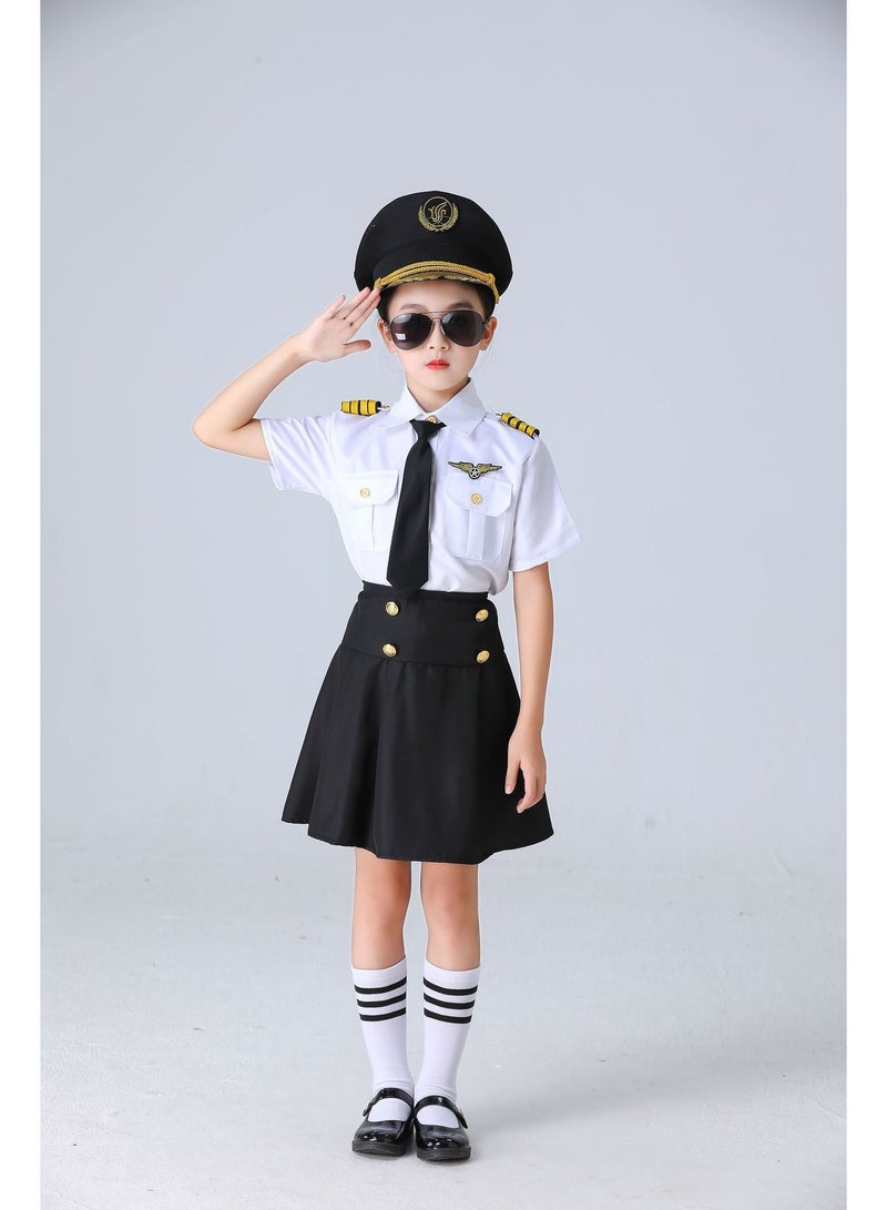 Airline Crew Uniform - Career Day Dress-Up for Kids  (Set includes: Short-sleeve top + Skirt + Socks + Sunglasses + Hat + Tie + Epaulet & Badge) -Size: 160cm - Image 1
